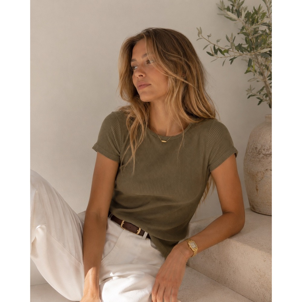 Alex Mill T-Shirt Womens Medium Olive Green Ribbed Short Sleeve Cotton Basic